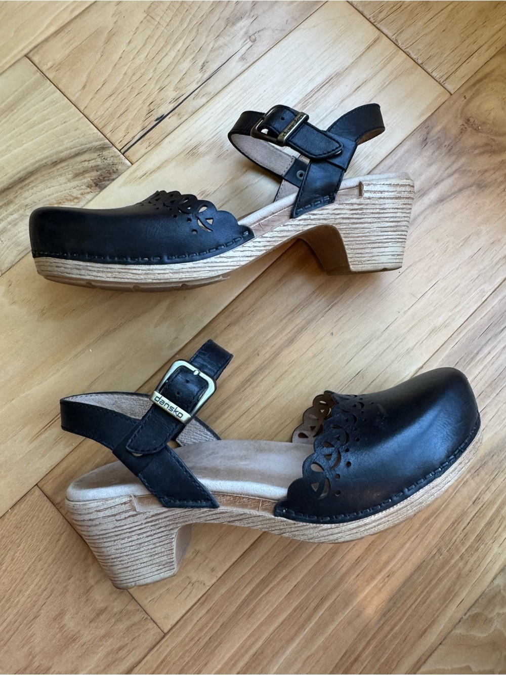 Dansko Black Leather Clog Heels with Buckle